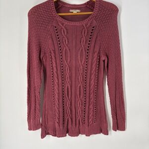 RuffHewn Womens Fisherman  Rose Cable Knit 100% Cotton Long Sleeve Sweater L